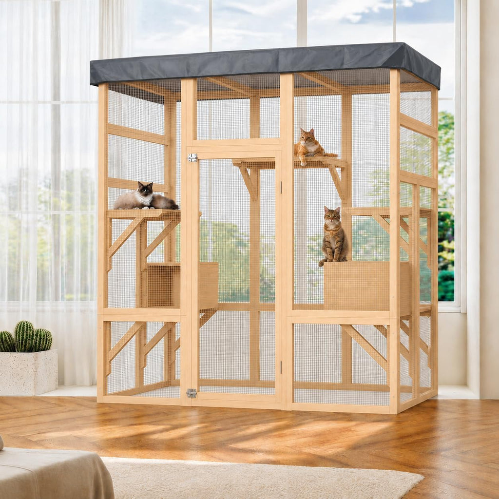70" Outdoor Catio Cat Enclosure, Large Cat House, Wooden 5-Platform