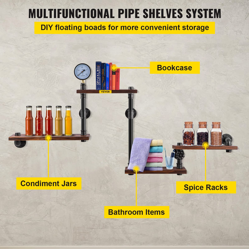 Industrial Pipe Shelving, Pipe Shelves with 4-Tier Wood Planks, Rustic Floating Shelves Wall Mounted, Wall Shelf DIY