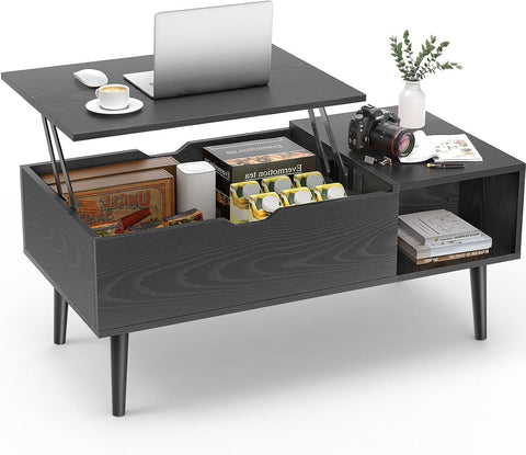 Coffee Table Lift Top Coffee Tables,Small Rising Wooden Center Tables with Storage Shelf and Hidden Compartment, Black