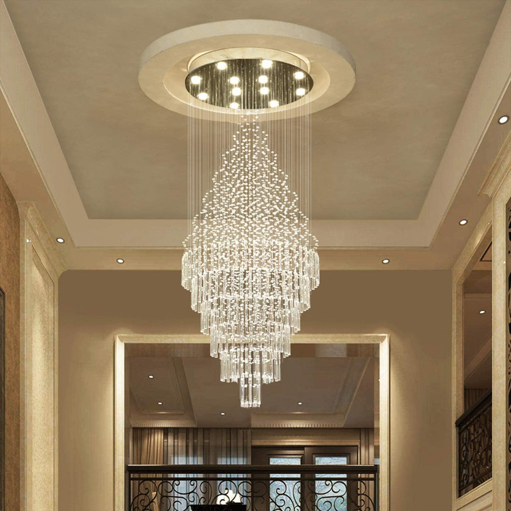 Luxury Large Foyer Chandelier, Modern 12-Lights Round Raindrop Crystal Chandeliers High Ceiling Flush Mount Light Fixtures for Hallway, Entryway, Stairs,Front Entrance D31.5 X H86.7 A100-B08R7DX1PS