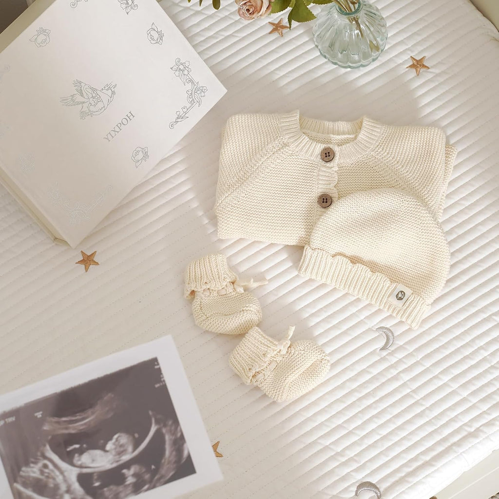 Organic Cotton Baby Sweater Knit Romper Hat Booties 3 Piece