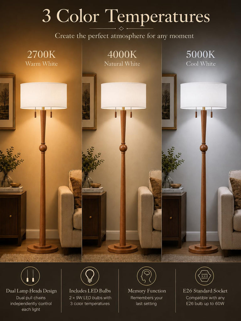 Solid Wood Floor Lamp, Pull Chains Standing Lamp