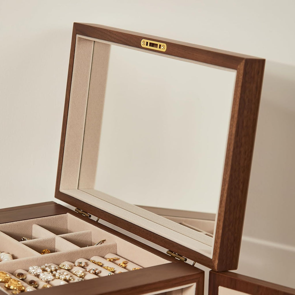 Black Walnut Wooden Jewelry Box for Women with Lock, Mirror, 5 Layer