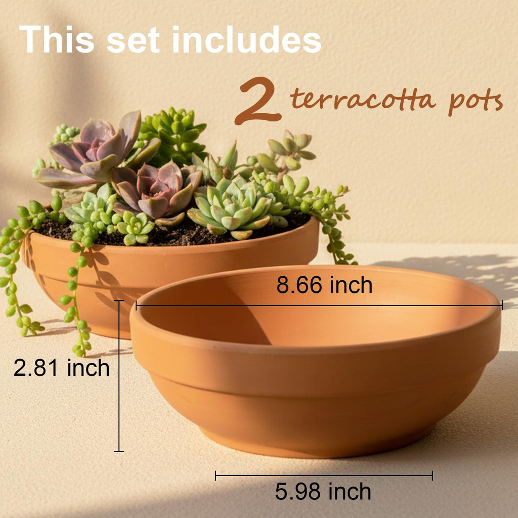Terracotta Pots with Drainage Holes, Large 2 Pack, 8.66 Inch
