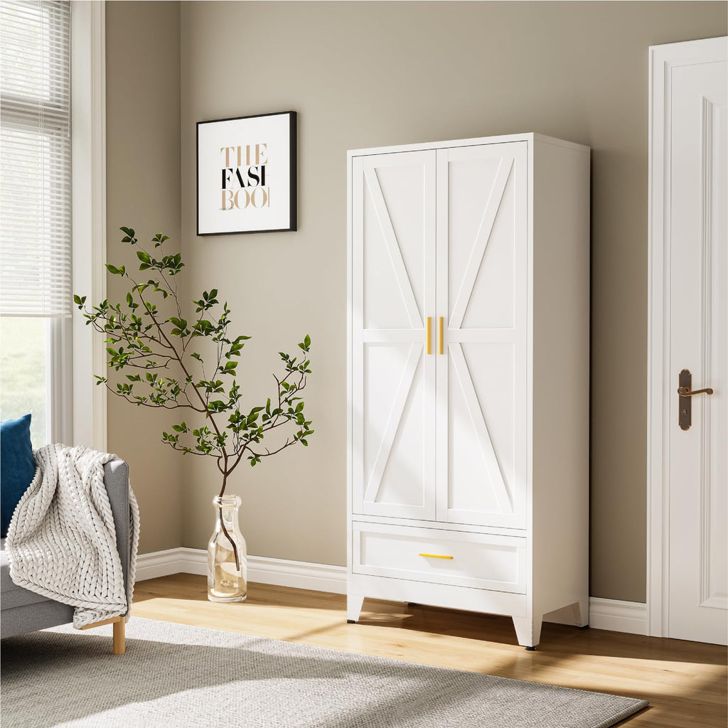 71" Metal Armoire Wardrobe Closet with Hanging Rod, White-X 1 Drawer