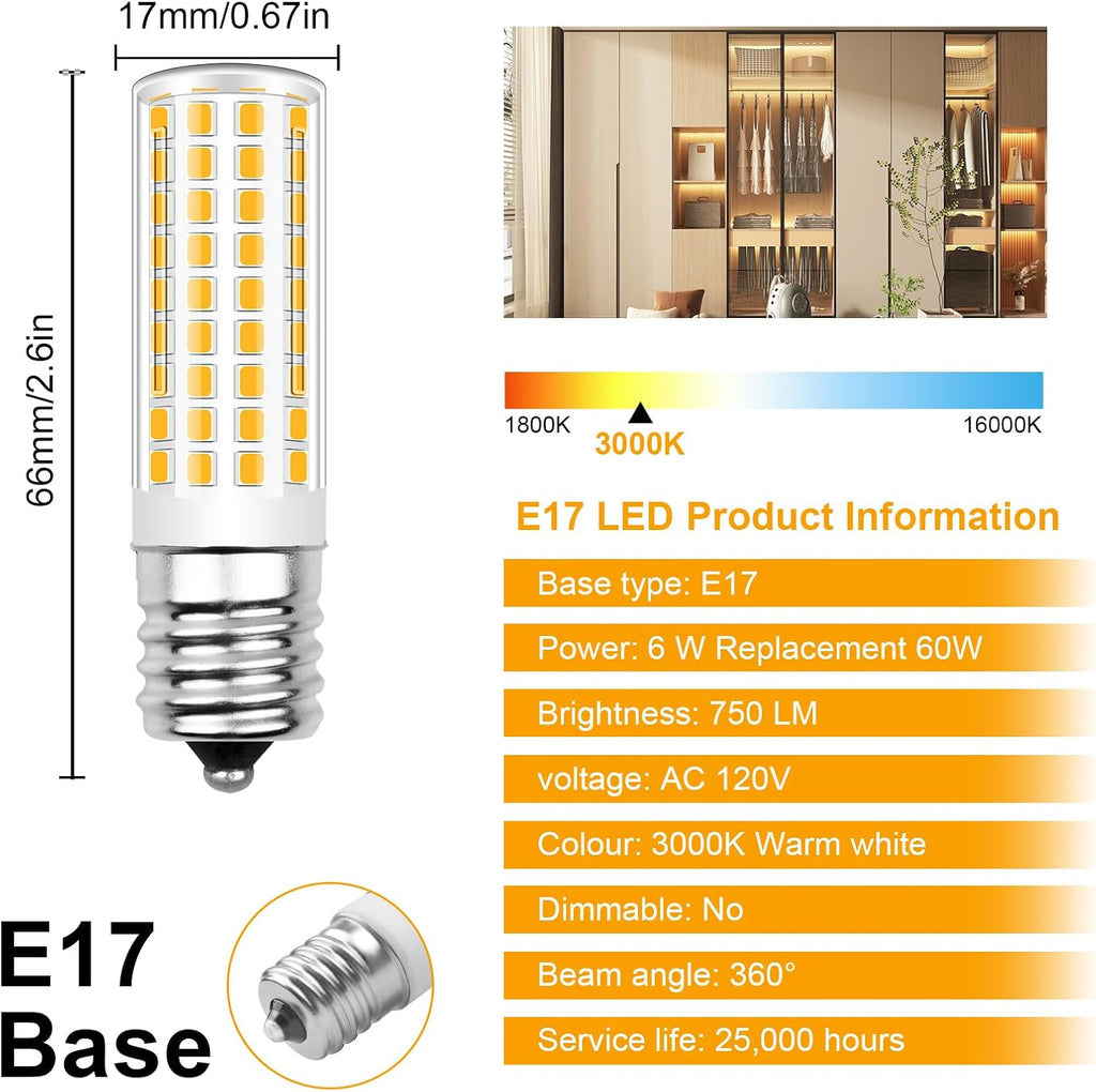 E17 LED Bulbs 6W 120V Warm White 3000K 4-Pack