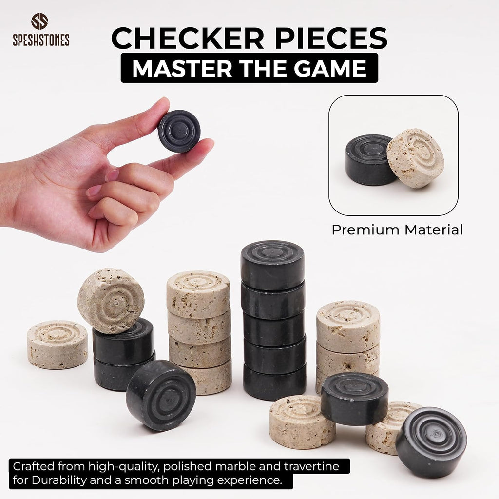 Marble Checkers Set 15 Inch Handmade Travertine & Black