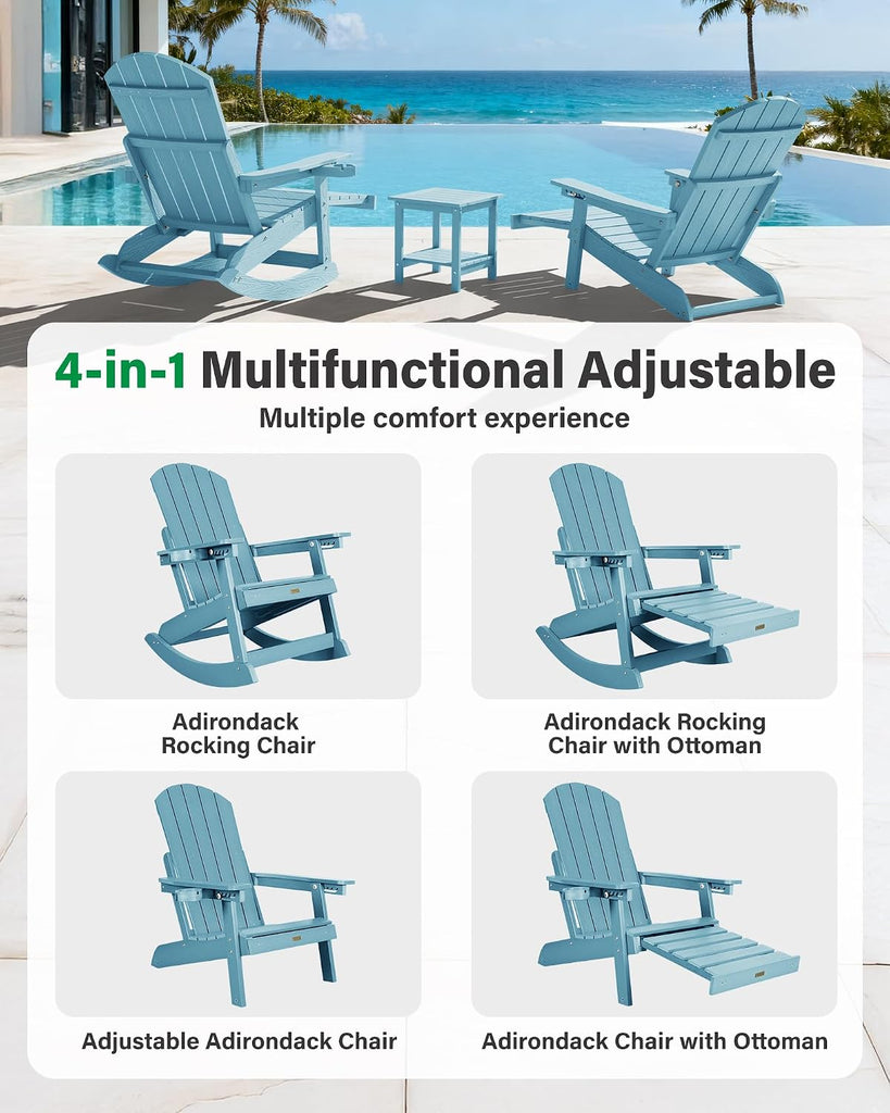 Adirondack Rocking Chairs Set of 2, with Footrest, All-Weather, Blue | 5- Level Adjustable Backrest, Retractable