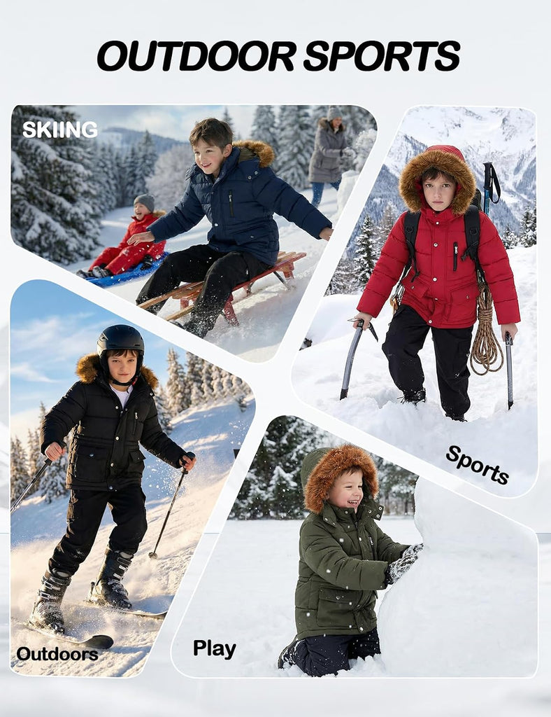 Boys' Winter Puffer Jacket Warm Thickened Fleece Lined Kids Parka Coat with Faux Fur Hood