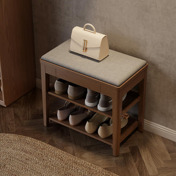 Solid Wood Shoe Bench with Storage, 2-Tier Shoe Storage Bench with Cushion