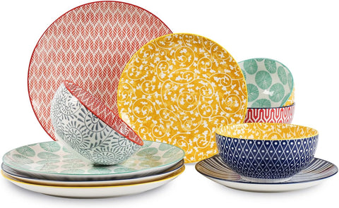 Ceramic Dinnerware Sets, 12-Pieces Plates and Bowls Sets, Scratch Resistant Dishes set for 4