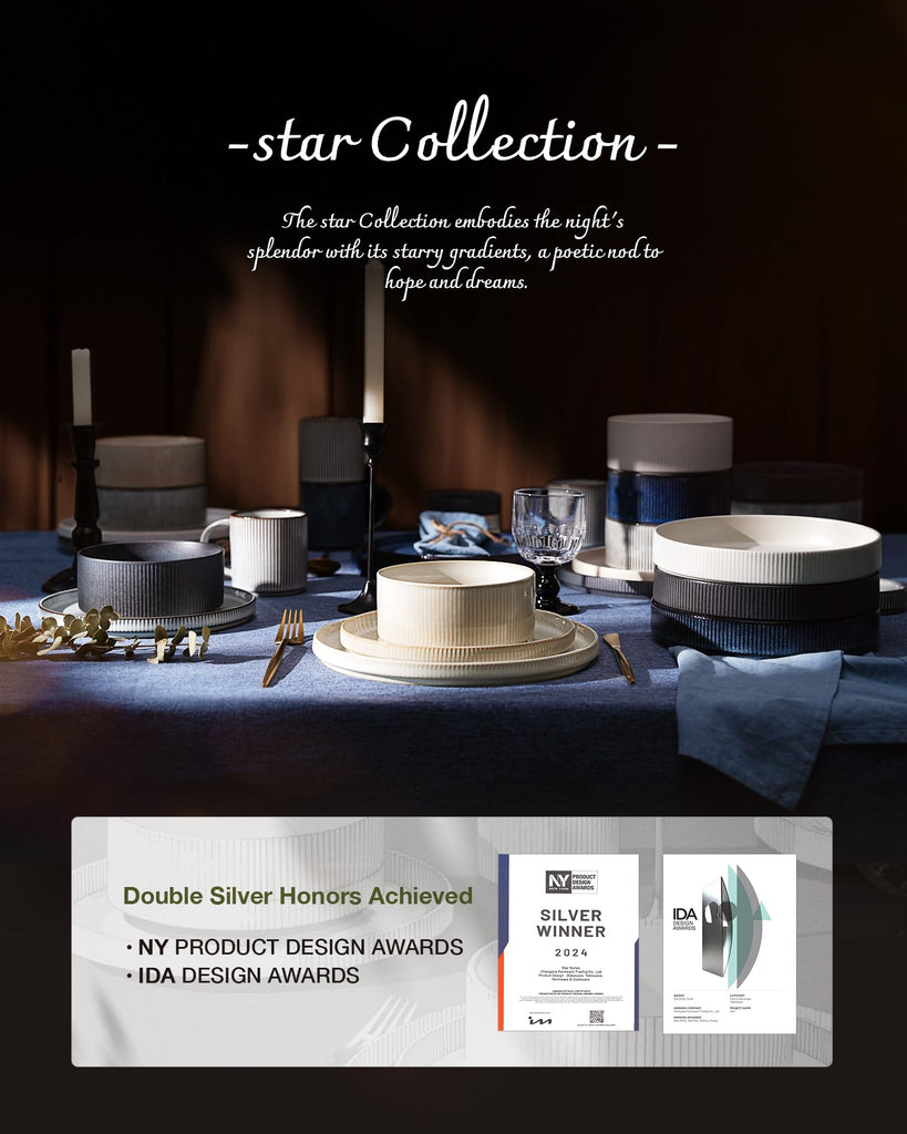 Star Stoneware Dinnerware Set, Reactive Glaze Plates & Bowls for 4