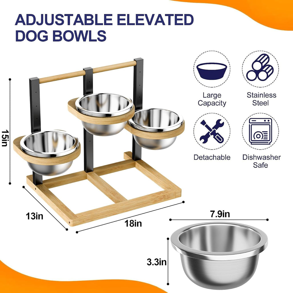 Bamboo Raised Dog Bowl, Elevated Dog Bowl, 5-Height Adjustable