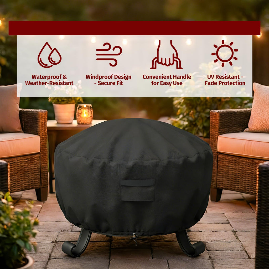 Fire Pit Cover Round, Fits for 32-36 Inch Fire Pit Table, 600D Heavy Duty Fabric, Waterproof and Windproof, 36" D x