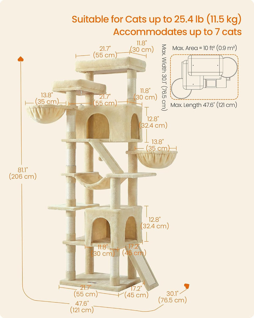 Large Cat Tree, 81.1" Tall Sturdy Cat Tower for Indoor, Beige