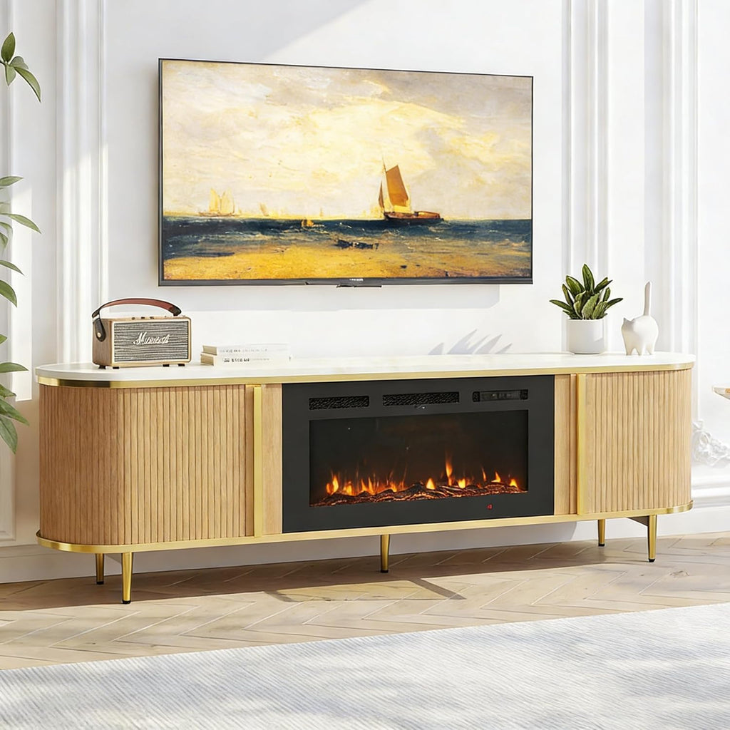 Luxury Fluted TV Stand with Fireplace, 70 inch, Oak
