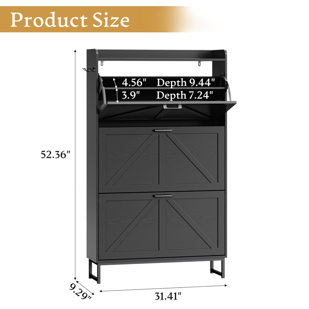 Shoe Cabinet Storage, Shoe Storage Cabinet with 4 Flip Drawers, Freestanding Narrow Shoe Rack Organizer with Metal
