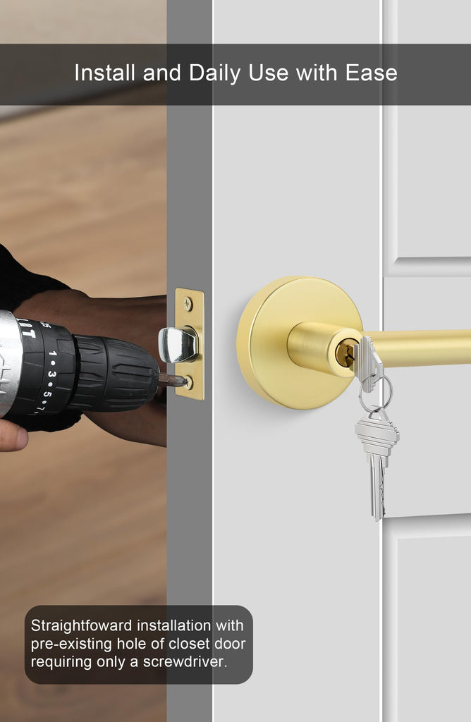 Entry Door Handle with Lock and Key, Zinc Alloy Heavy Duty Gold Exterior Door Handle, Keyed Door Lever with Locks and
