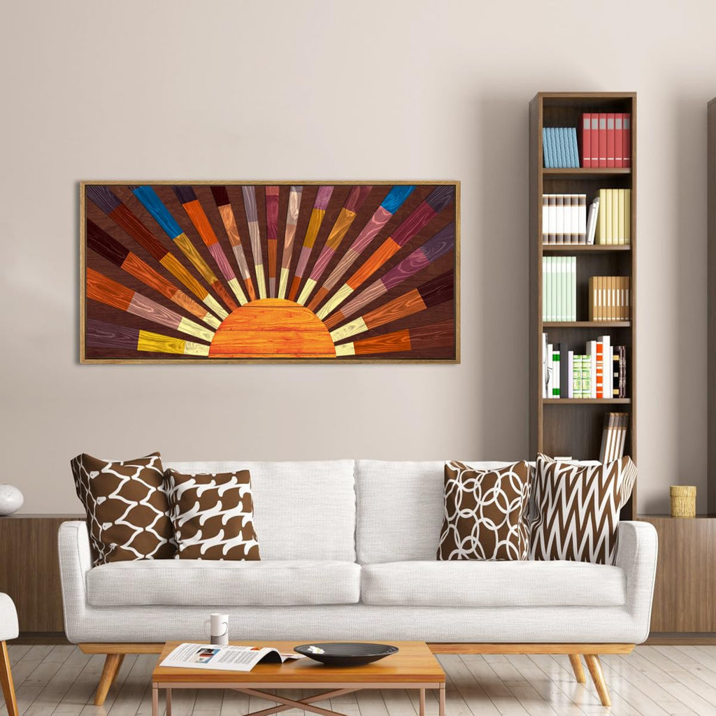 Extra Large Wood Sun Framed Wall Art 20x40 Inch Boho Sunrise 3D Geometric Wall Decor Mid century Sunshine Painting