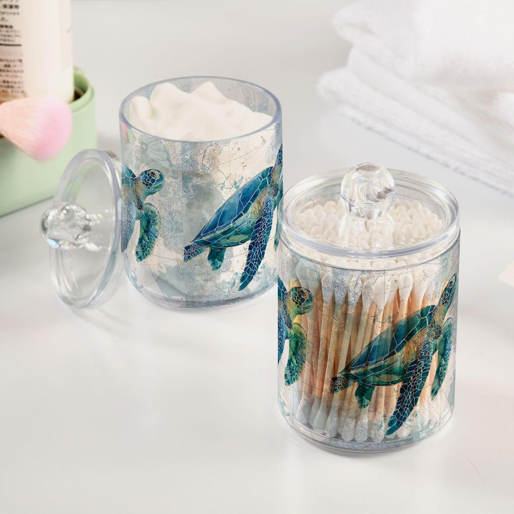 Sea Turtle Pattern Apothecary Jars with Lid, 10 Oz Clear Plastic Apothecary Jar Set Qtip Holder Storage - Set of 2