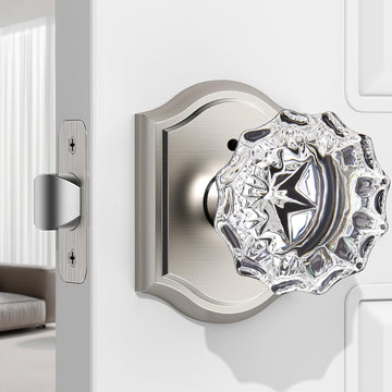1 Pack Glass Door Knob, Rosette Shaped Crystal Door Knobs with Lock, Satin Nickel Door Knobs Interior Glass