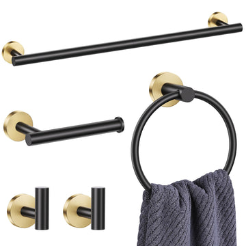 5-Piece Bathroom Hardware Set, Black Gold Towel Bar Wall Mounted