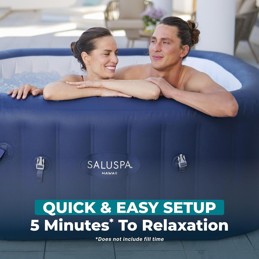 SaluSpa Hawaii 4 to 6 Person Inflatable Hot Tub, Square Energy-Efficient Portable Outdoor Spa with 140 AirJets, 71" x