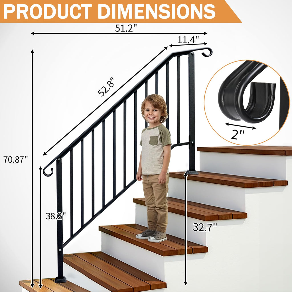 Handrails for Outdoor Steps, Black Wrought Iron Handrail Fits 4 or 5 Steps, Transitional Handrail with Installation