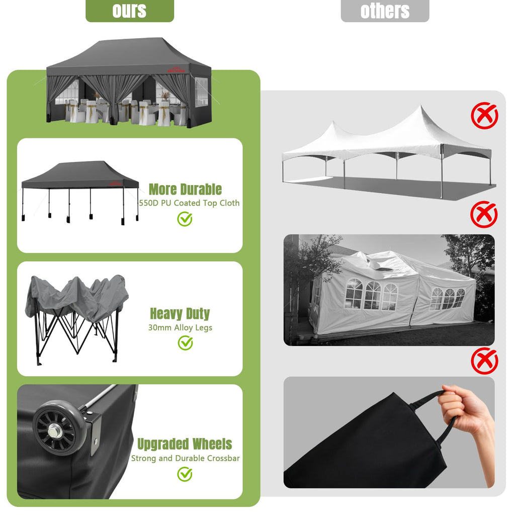 10x20 Heavy Duty Commercial Pop Up Canopy with Sidewalls, Grey