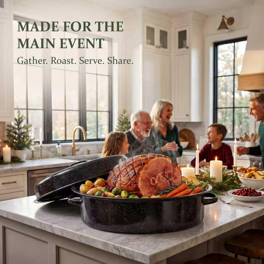 Enamel Roasting Pan with Lid 18" Turkey Roaster Upgraded Ceramic Glaze for Easy Release, Bigger Family Size Capacity