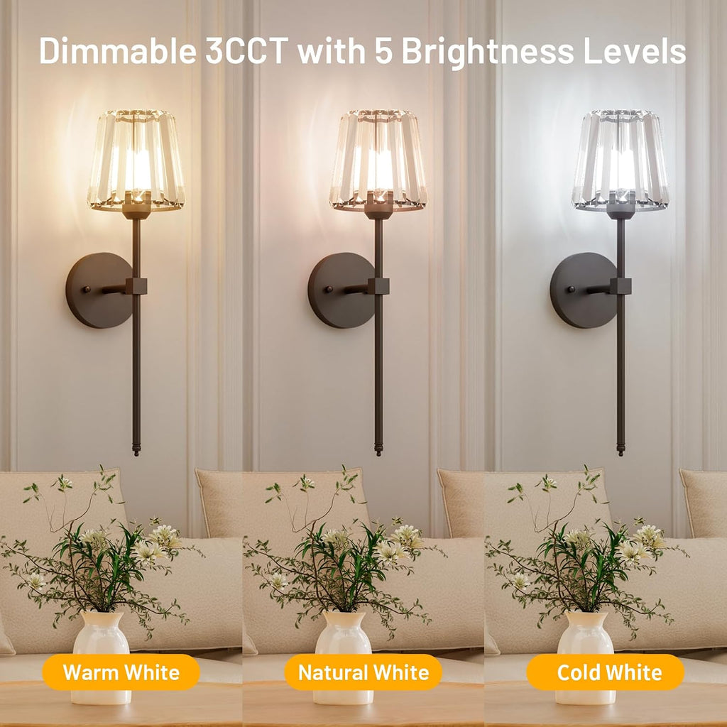 Crystal Battery Operated Wall Sconces Set of 2, Black Rechargeable Wireless Wall Sconce Lights with Crystal