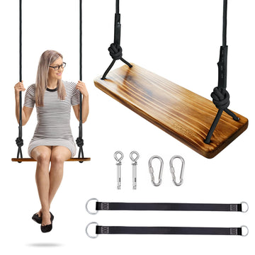 Carbonized Wooden Tree Swing with Adjustable Climbing Rope & Tree Straps