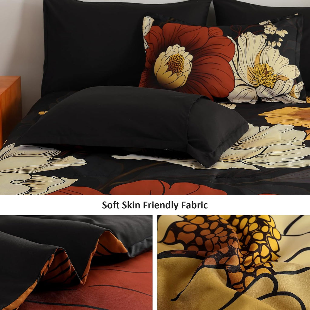 Xruibed Black Floral Comforter Set Queen 7 Pieces Bed in a Bag Flower Bedding Sets Lightweight Boho Bed Set with