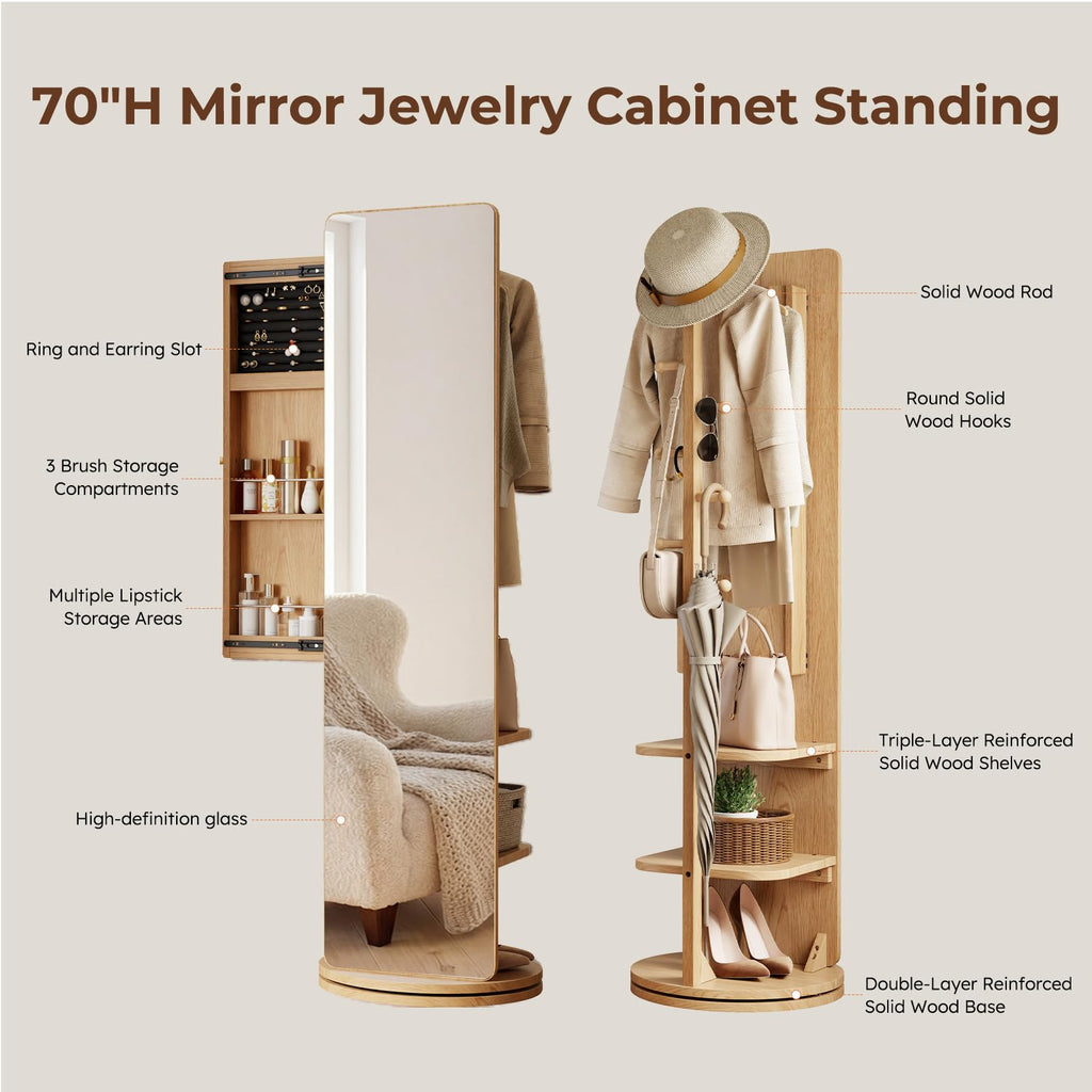 69" H×20" W Solid wood Mirror Jewelry Cabinet, 360°Swivel Jewelry Organizer, Jewelry Armoire Cabinet Standing, Full