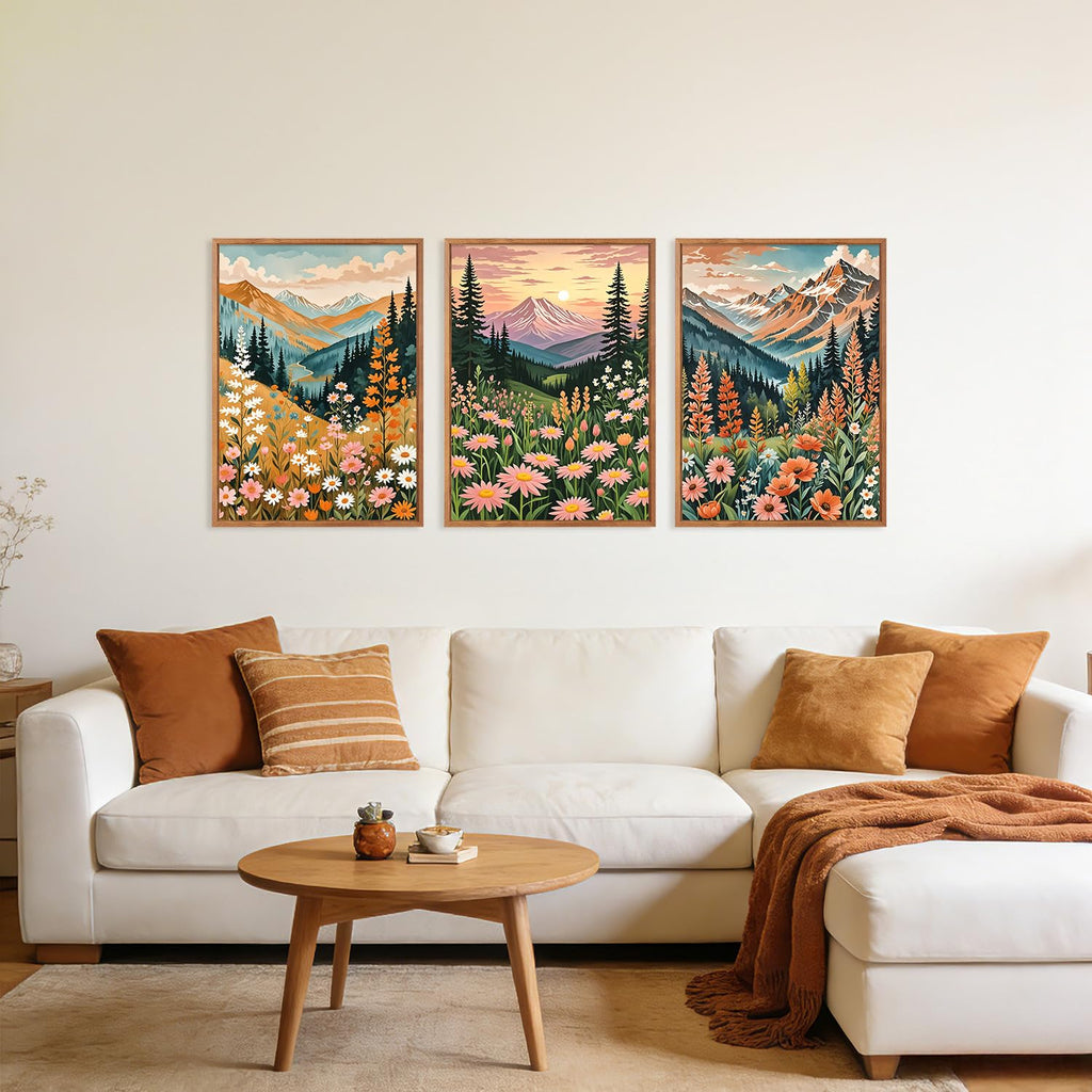 Mountain Sunset Floral Framed Canvas Wall Art Set, (Set of 3, 12X16 Inch) Colorful Wildflower Daisy Flower Wall