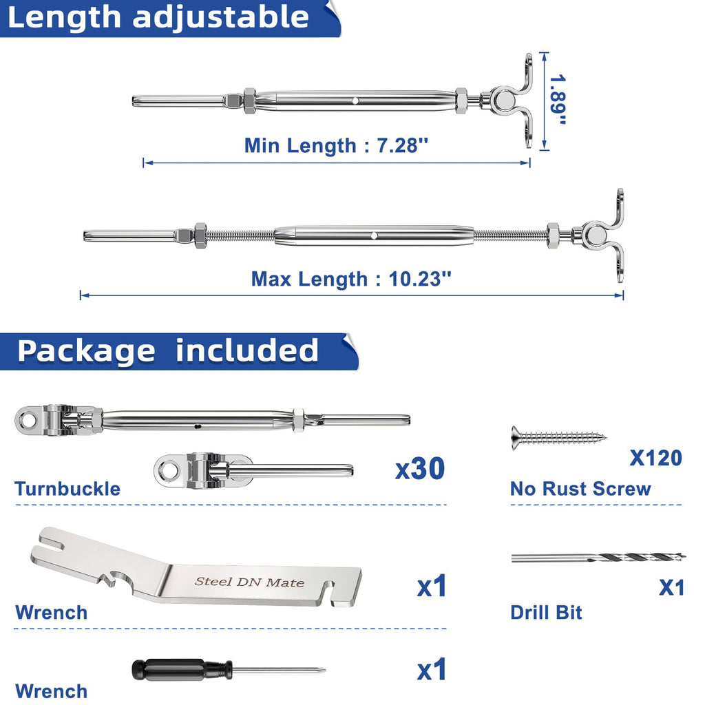 30 Sets T316 Stainless Steel Angle 180° Adjustable Swage Toggle Turnbuckle & End Deck Cable Railing Kit fits for 1/8"