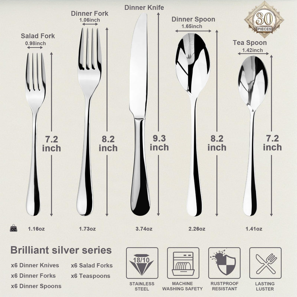 Silverware Set, 30-Piece Flatware Cutlery Set Service for 6, Modern Heavy Duty Design, 18/10 Stainless Steel