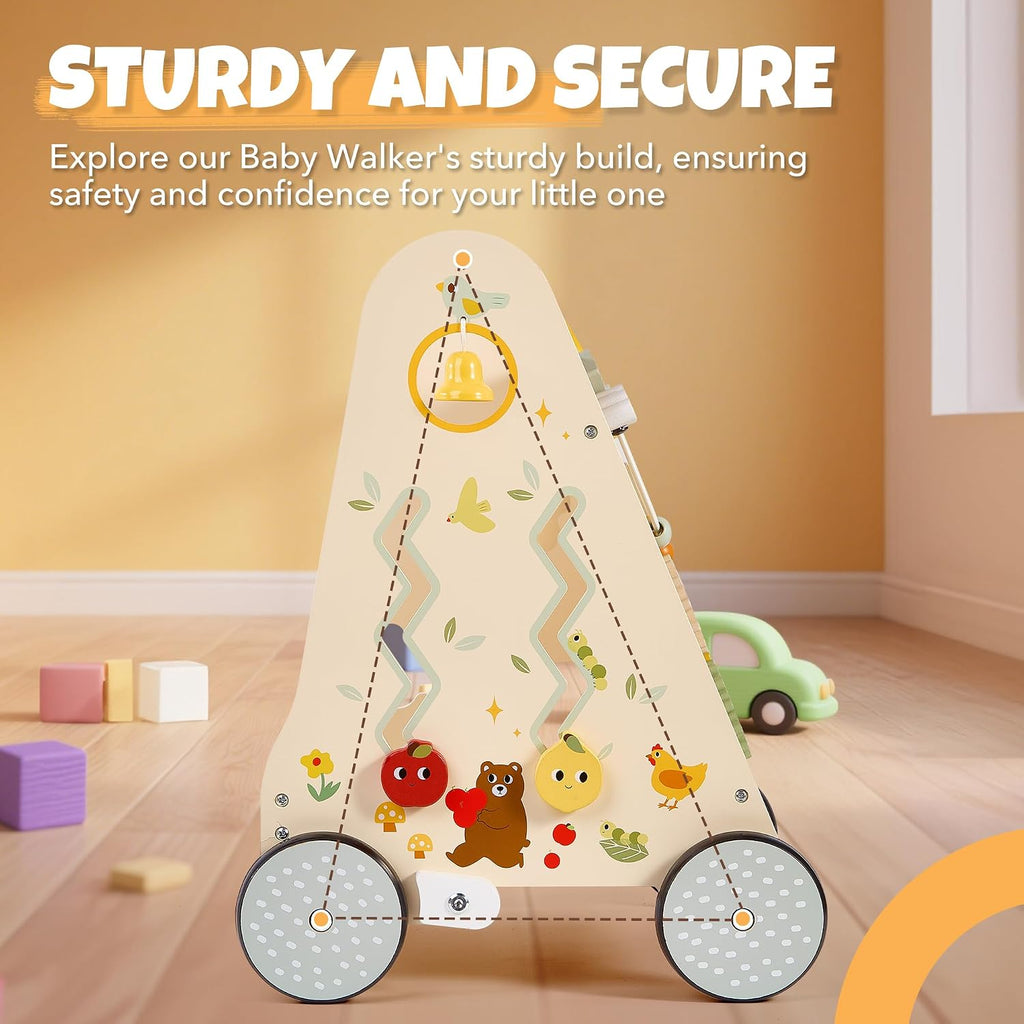 Wooden Baby Push Walker, Baby Walker with Activity Center for Girls Boys, Montessori Sensory Push Toys for Babies