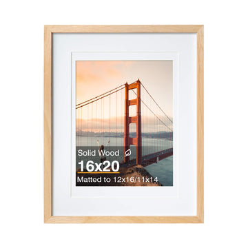 16x20 Picture Frame Natural - Solid Wood Frames with Acrylic Plexiglass for Pictures 12x16 / 11x14 with Mat or 16x20