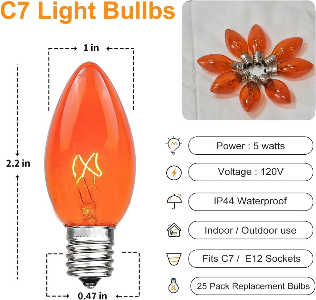 C7 Replacement Bulbs, 120V 5W Orange, E12 Candelabra Base