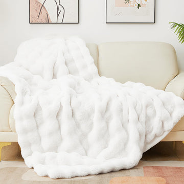 White Faux Fur King Cozy Bubble Blanket Soft Fuzzy Thick Living Room Blankets for Bed Sofa Bedroom Plush Fluffy Warm