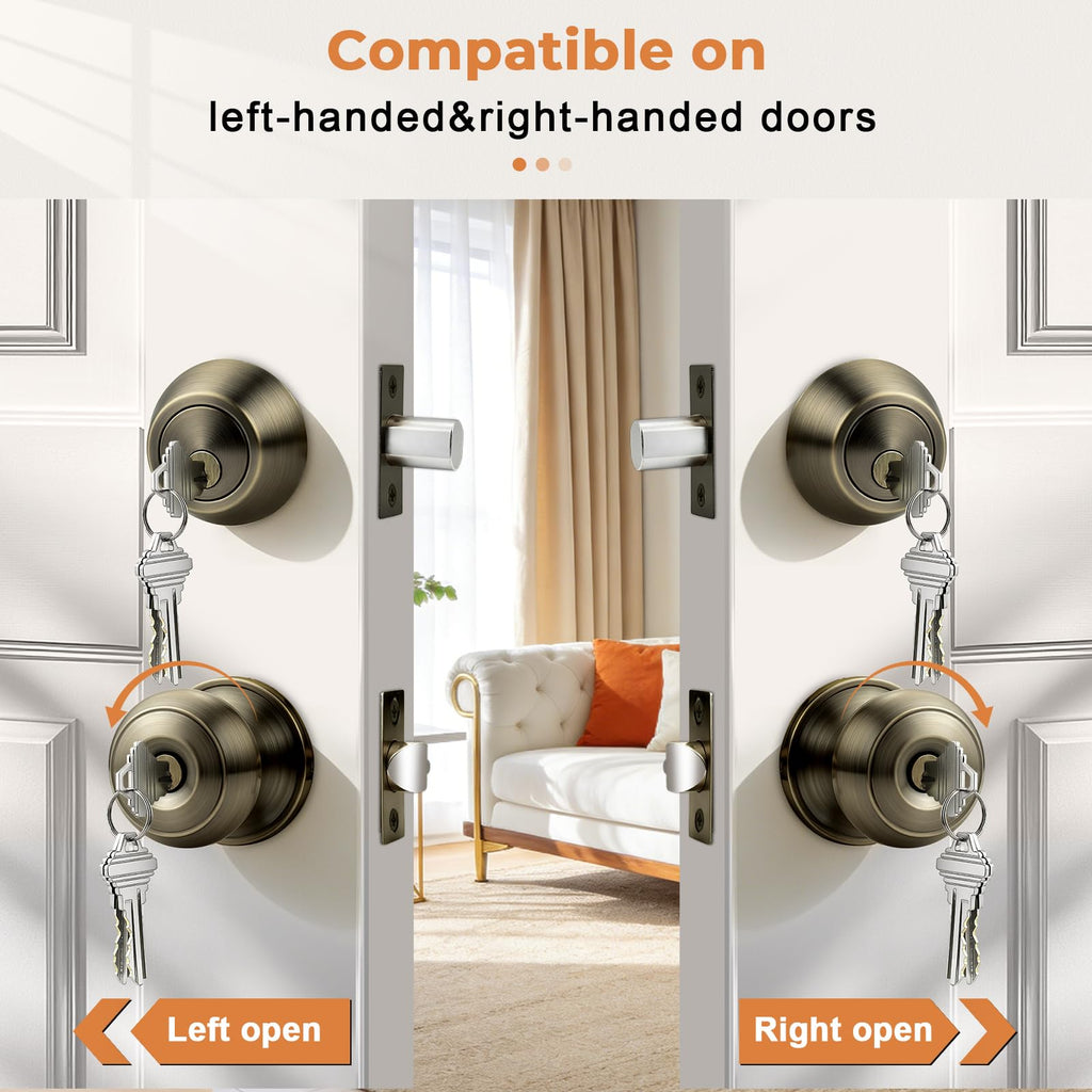 2 Pack Entry Door Knob Set with Single Cylinder Deadbolt Combo Set, Antique Brass Front Door Handle Keyed Alike