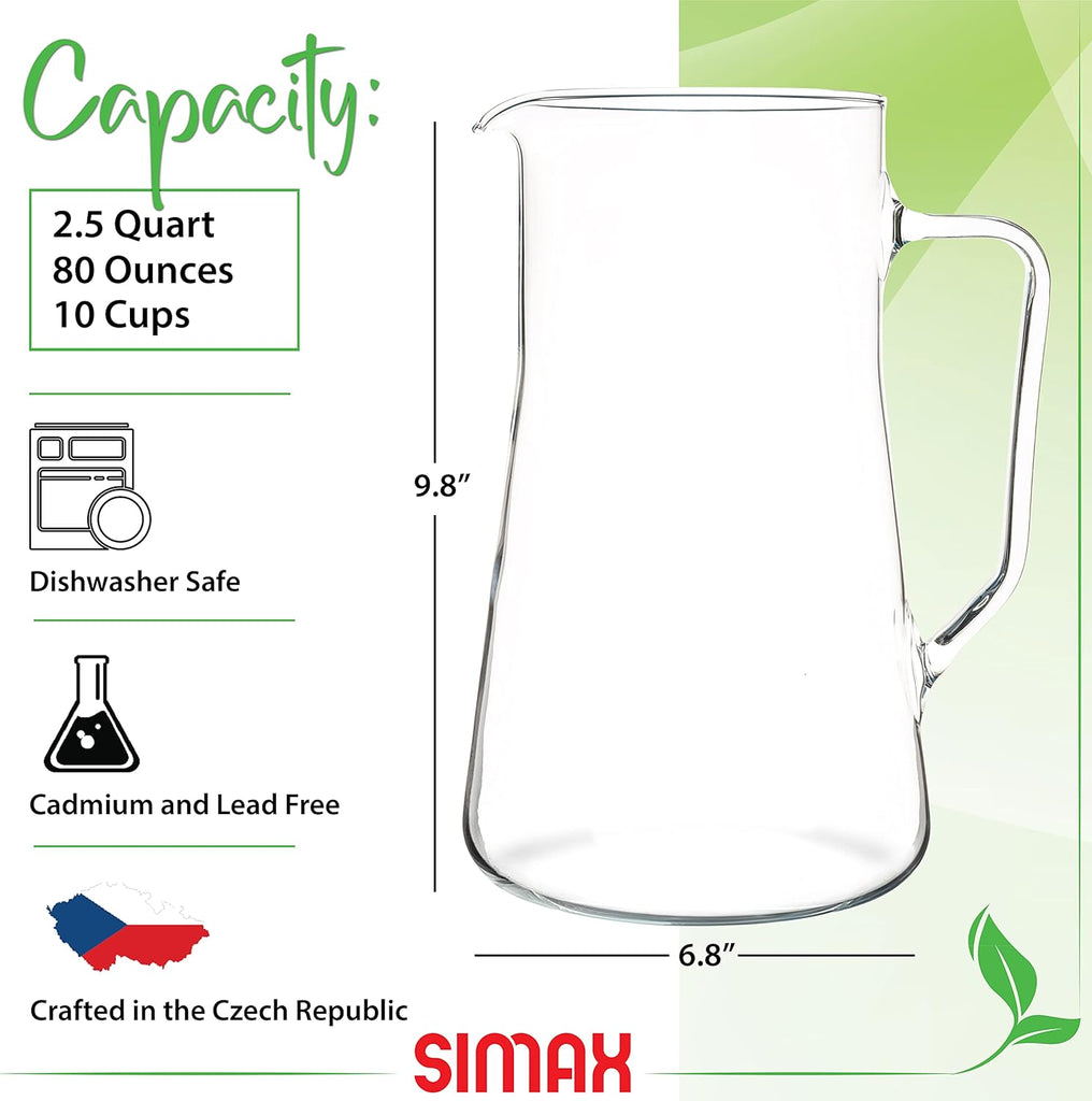 Large Glass Pitcher With Spout, 2.5 Quart (80 Ounce) Borosilicate Glass Iced Tea Pitchers with Handle, Angled