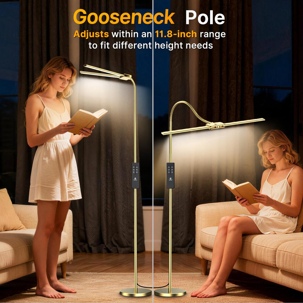 LED Floor Lamp, 18W Bright Reading Floor Lamp, Gesture & Remote Control, Dual Head Gooseneck Standing Lamp