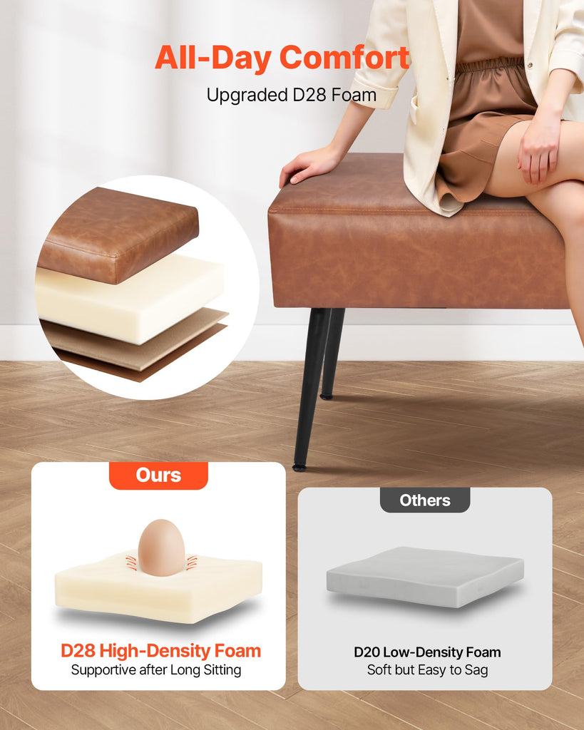 Leather Bedroom Bench, PU Leather Bench with Metal Legs and with Stitching, Upholstered Shoe Bench Seat, Modern End
