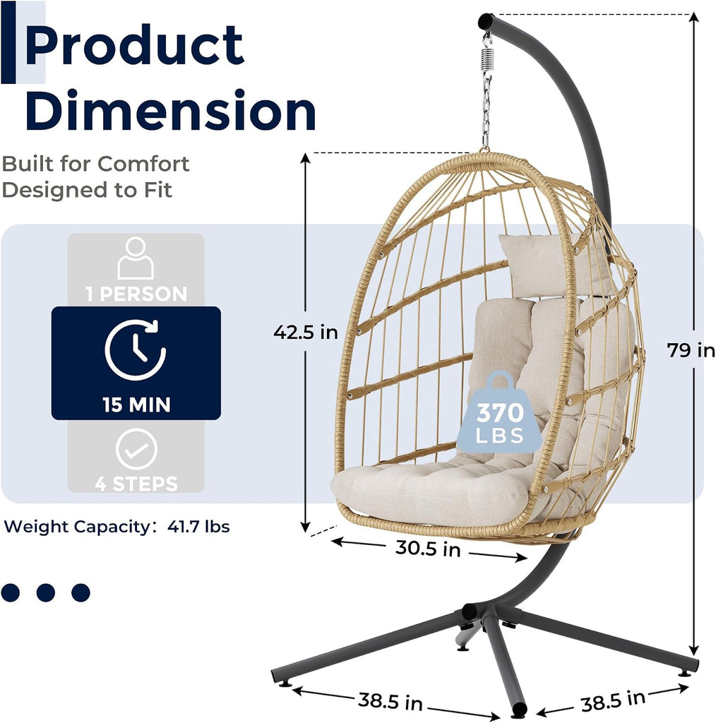 Egg Chair Outdoor with Stand, Indoor Wicker Hanging Egg Swing Chair with Cushion, 370lbs Capacity , Garden - Cream