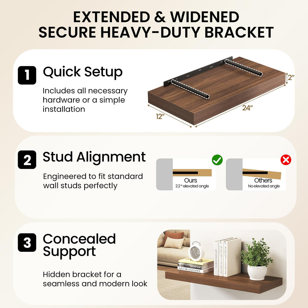 36Inch Walnut Floating Shelves for Wall, 12 Inch Deep Shelves Wall Mounted, Rustic Wood Floating Shelf with Invisible