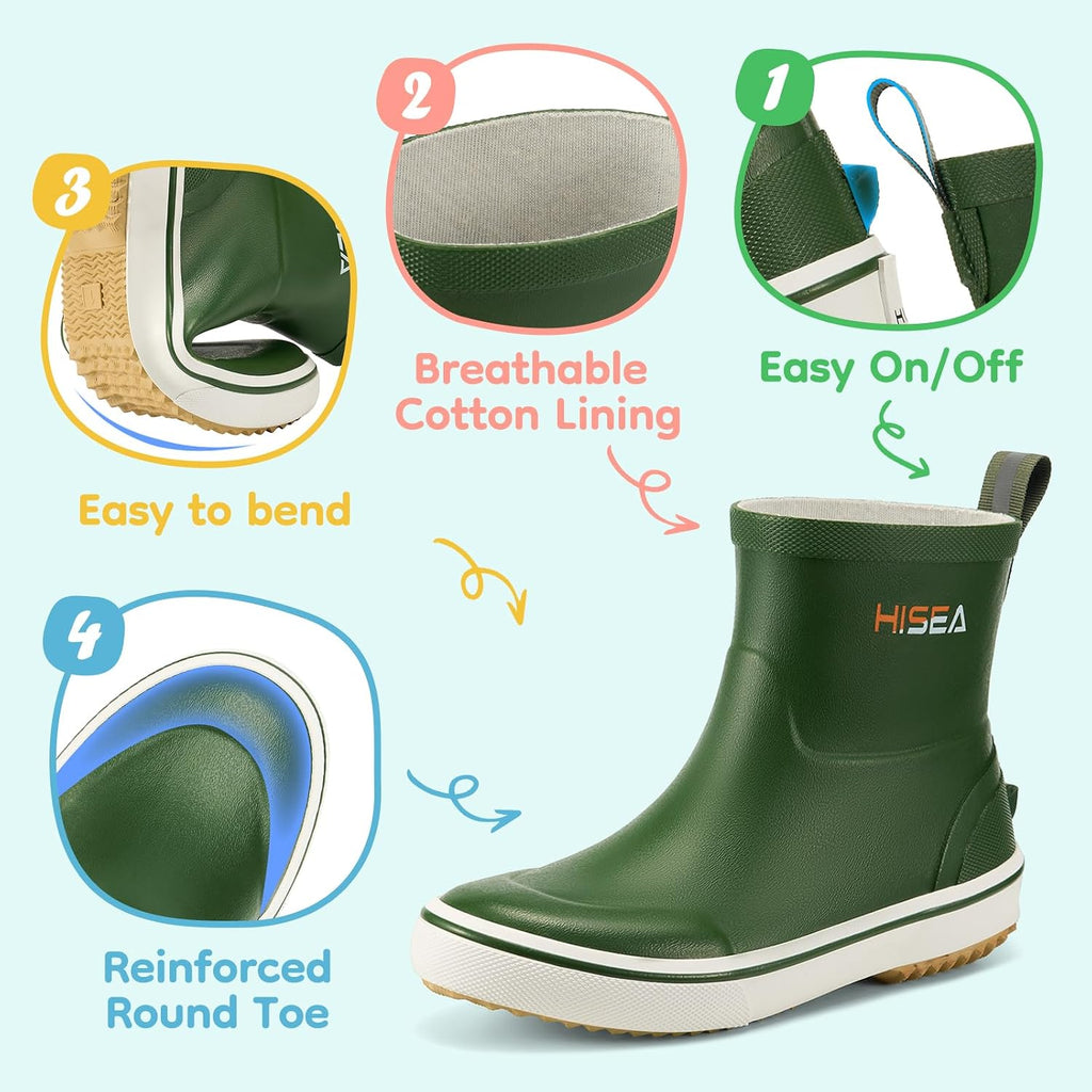 Kids Rain Boots, Waterproof Rubber Deck Boots, Toddler Boys and Girls