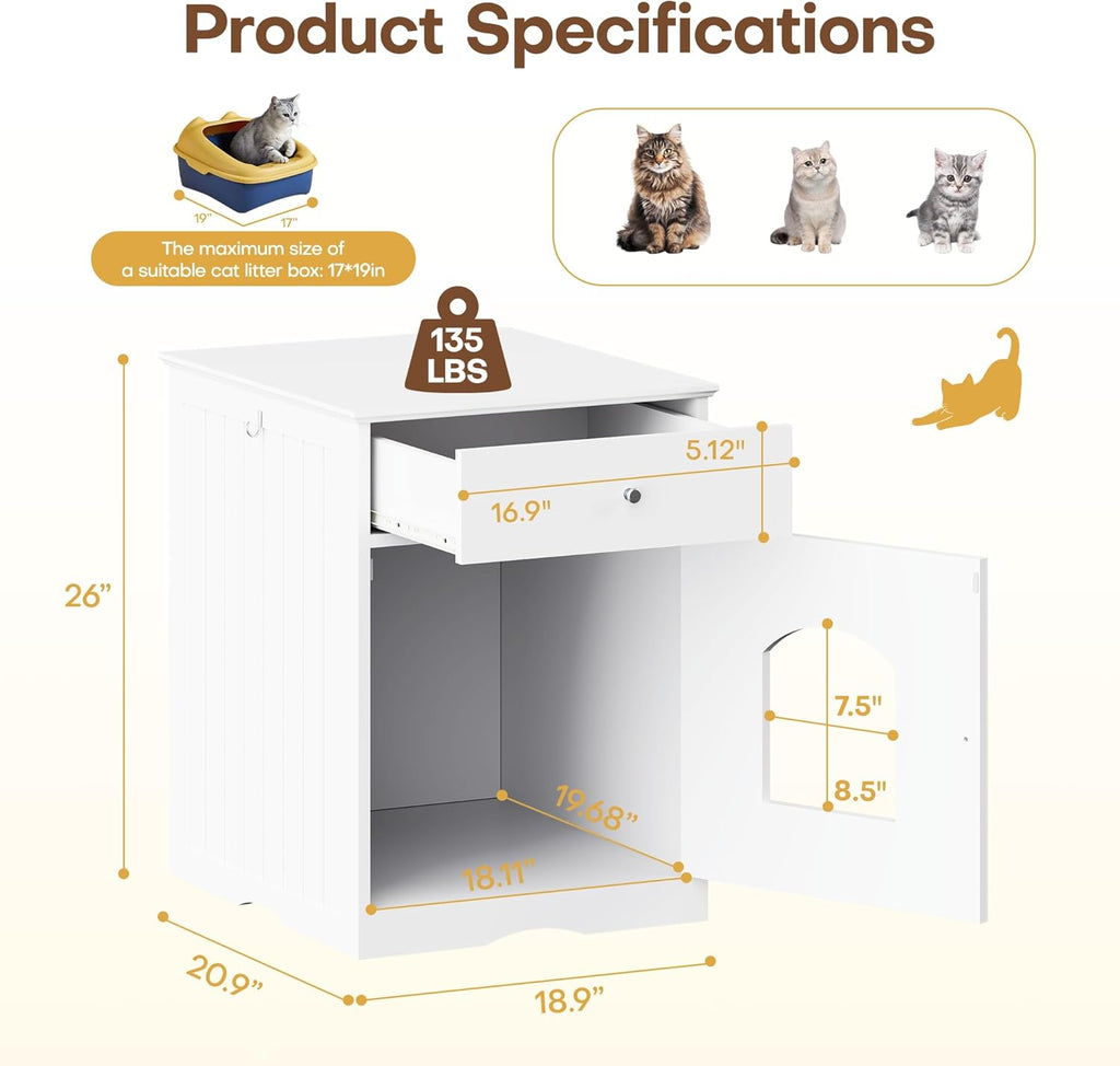Litter Box Enclosure, Hidden Cat Litter Box Cabinet with Drawer, Wooden Pet Crate, Litter Box Furniture as Cat House