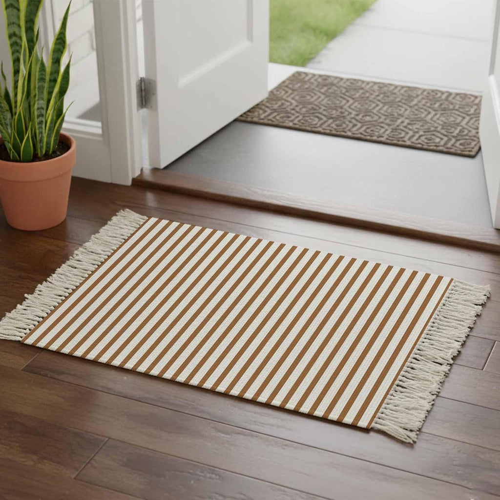 Minimalist Chestnut Brown Striped Runner Rug with Tassel Modern Art Vertical Line Print Entryway Rugs Washable